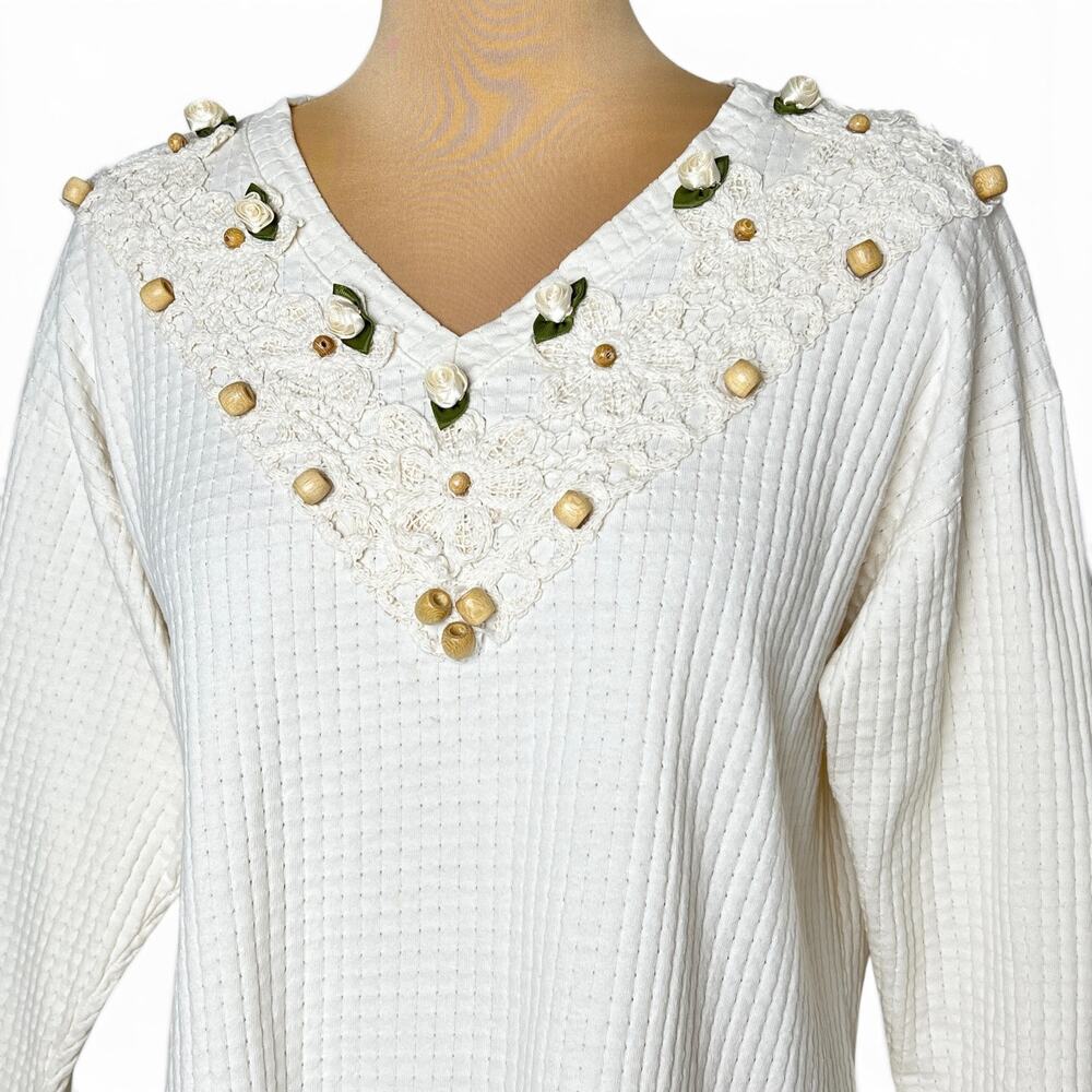 Vintage Basil Top Embellished Cotton Crochet Neckline Size M Cottagecore Boho